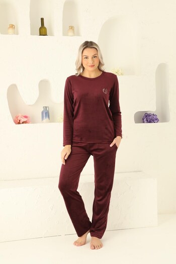 ALİMER Women's Crew Neck Buttonless Silky Soft Velvet Winter Long Sleeve Pajama Set with Pockets