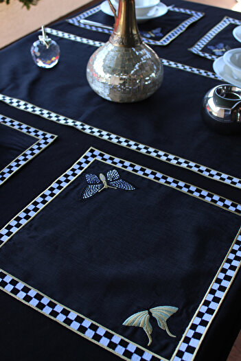 YXL HOME American Service 2-Piece Checkerboard Patterned Butterfly Embroidered Square 100% Linen Dining Table Set