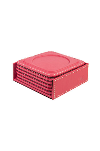2K Coasters, Set of 6, Desktop Round Cup Coaster, Vegan Faux Leather, 11X11 Cm., Fuchsia