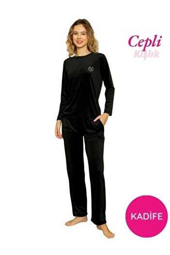 bie's Women's Crew Neck Buttonless Silky Soft Velvet Winter Long Sleeve Pajama Set with Pockets