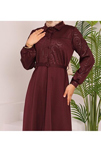 QUAWEAR Shirt Collar Cuffed Buttoned Sleeves Belted Top Size Printed Imported Knitted Fabric Full Length Dress