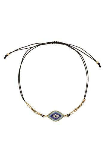 OEM Black Bracelet with Turquoise Oval Eyes, Blue Strass & Gold Beads