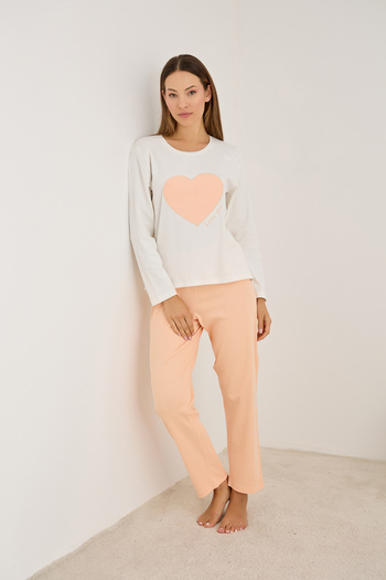 Siyah İnci Salmon Heart Embroidered Cotton Ribbed Camisole Knitted Pajama Set25226013