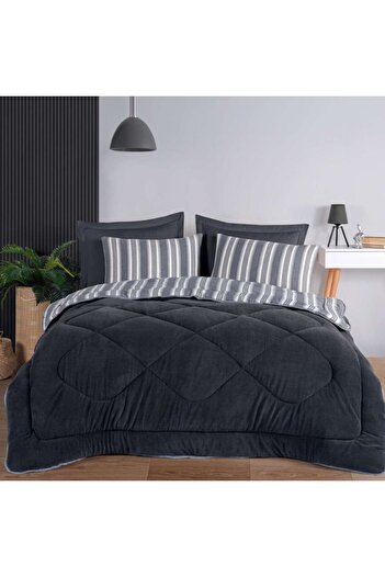 Eponj Home Winter quilted double bed sleeping set with velvety surface, Soft Line Anthracite