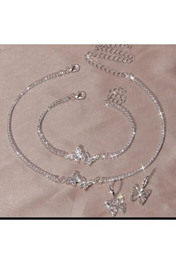 Visale Store Silver Color Butterfly Earrings, Necklace and Bracelet Set with Zircon Stone