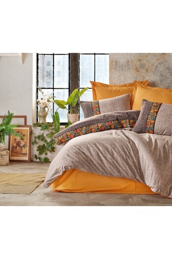 Cotton Box Single bed linen with embroidery, 100% cotton ranforce, Folk Art Mink