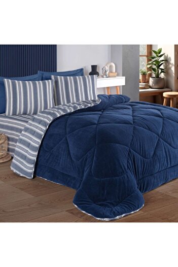Eponj Home Winter quilted double bed sleeping set with velvety surface, Soft Line Blue