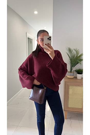 BİRCANÇİL Dlvin Nivra Burgundy Mélange Batwing Sleeve Knitwear