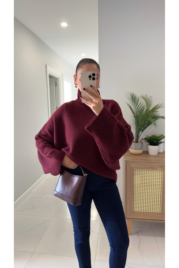 BİRCANÇİL Dlvin Nivra Burgundy Mélange Batwing Sleeve Knitwear