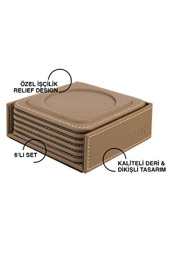 2K Coasters, Set of 6, Desktop Round Cup Coaster, Vegan Faux Leather, 11X11 Cm., Mink