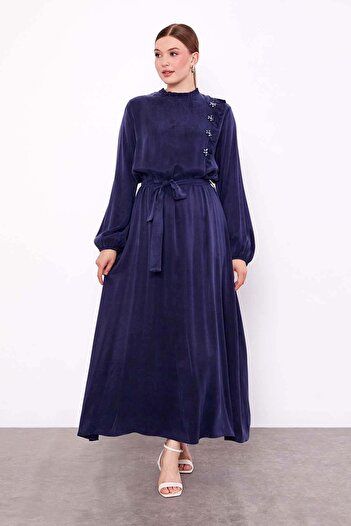 Levidor Navy Blue Floral Stone Detailed Cupra Dress
