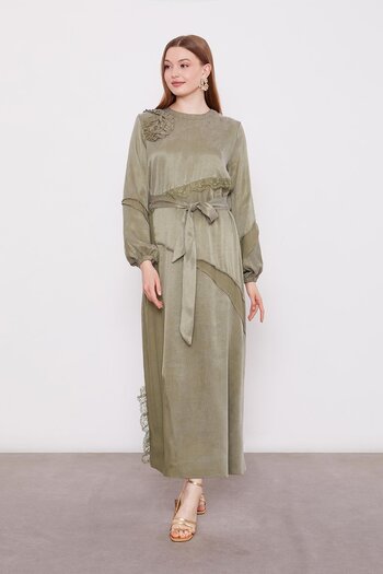 Levidor Green Lace Trimmed Cupra Dress