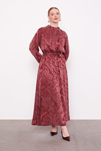 Levidor Burgundy Collar Stone Detailed Cupra Dress