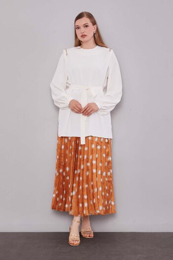 Levidor Tan Pleated Patterned Skirt Set
