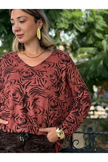 Punta Otantik Nc1128 Italian V-Neck Rose Pattern Knitwear Blouse Tile