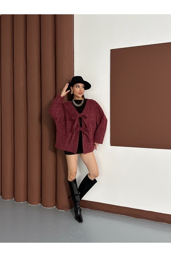 LE CARAMBOLE Women's Burgundy Bow Tie Detailed Faded Cashmere Coat