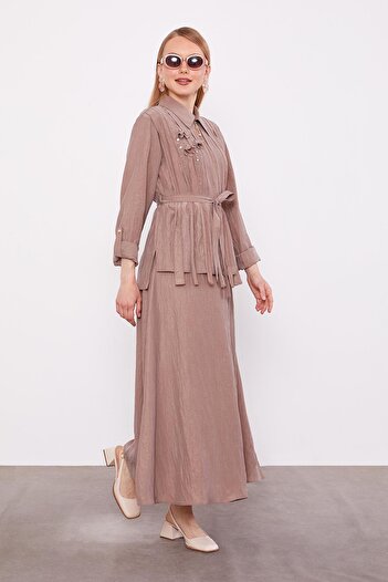 Levidor Brown Collar Stone Detailed Cupra Skirt Set