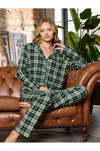 Tutkum Women's Pajama Set – Green Plaid Pattern, Suede Long Sleeves, Comfortable Fabric