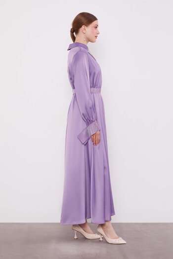 Levidor Lilac Stone Detailed Satin Dress