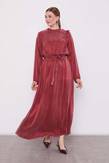 Levidor Burgundy Floral Stone Detailed Cupra Dress