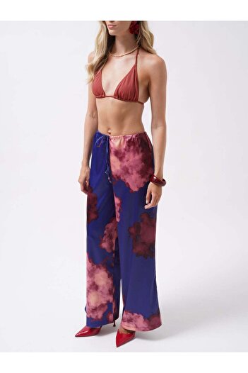 Maxi modena Elastic Waist Patterned Satin Navy Blue Trousers - 36