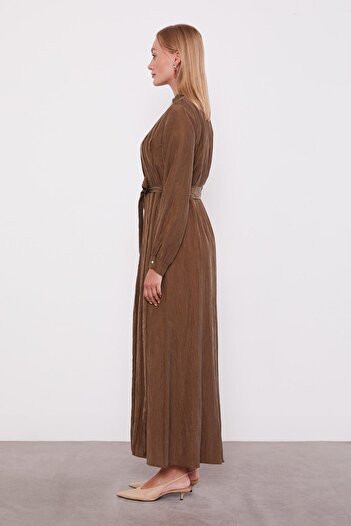 Levidor Khaki Belted Pleated Detail Cupra Dress