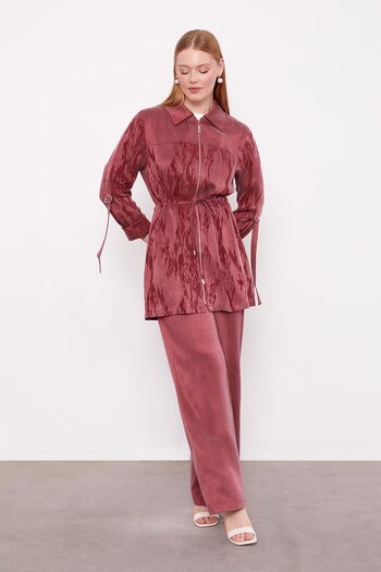 Levidor Burgundy Belted Sleeve Detailed Cupra Two-Piece Set