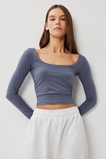 Lovelyİstanbul Basic Crop Knitted Blouse Lub0255 Smoked