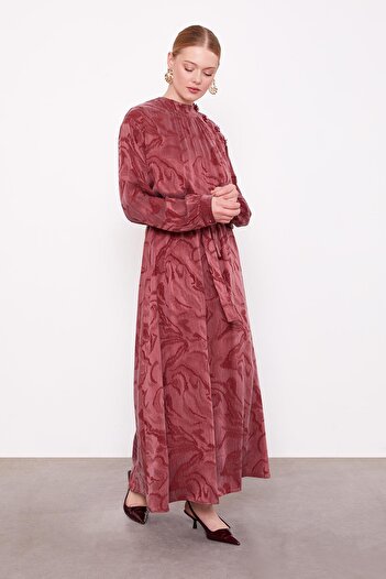 Levidor Burgundy Collar Stone Detailed Cupra Dress