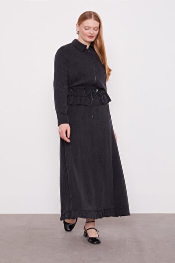 Levidor Black Ruffle Detailed Cupra Skirt Set