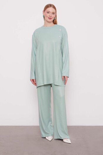 Levidor Mint Green Button Detailed Crew Neck Two-Piece Set