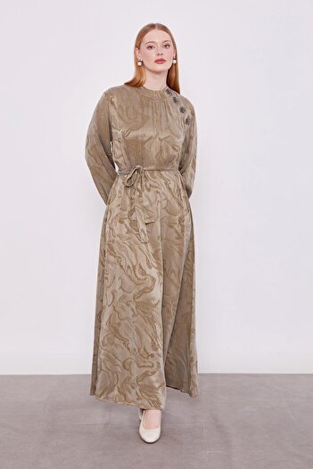 Levidor Khaki Collar Stone Detailed Cupra Dress