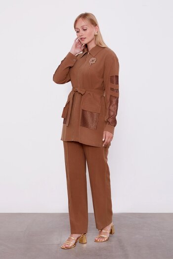 Levidor Brown Mesh Detailed Double Suit