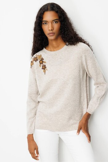 Desen Triko Women's Crew Neck Shoulder Embroidered Wool Sweater V.Beige