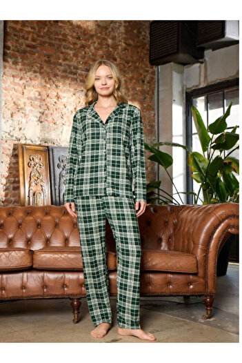 Tutkum Women's Pajama Set – Green Plaid Pattern, Suede Long Sleeves, Comfortable Fabric