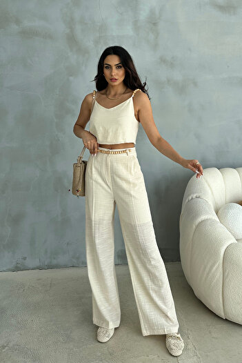 Ortaya Çık Beige Beaded Belted Top and Bottom Linen Set