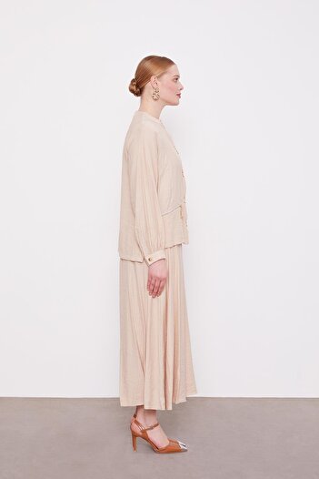 Levidor Beige Double Button Detailed Skirt Suit