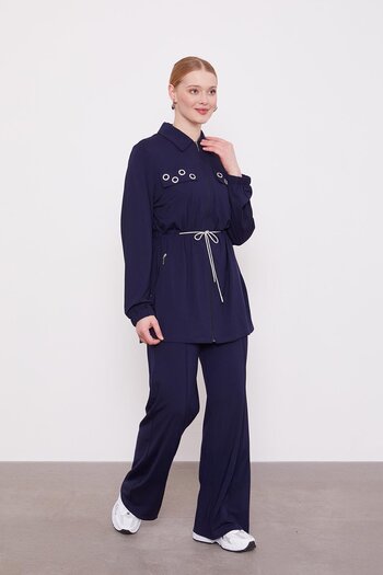 Levidor Navy Blue Pocketed Waist-Tie Double Suit