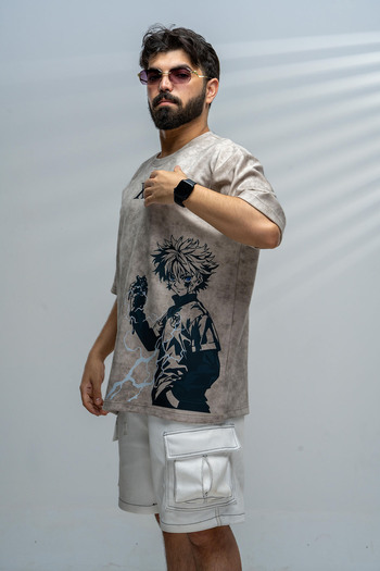 saneafn Beige T-shirt with Killua Zoldyck character design