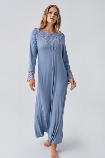 Artış Long Sleeve Lace Buttoned Stretchy Viscous Nightgown
