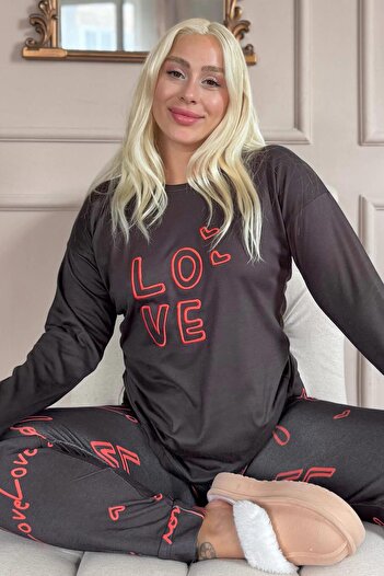 Pijamaevi Black Love Patterned Thermal Women's Pajama Set