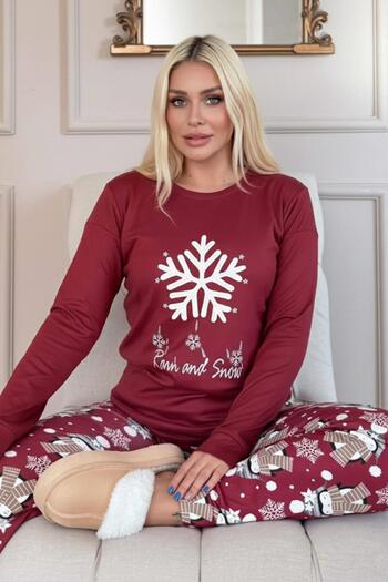 Pijamaevi Burgundy Snowflake Patterned Thermal Women's Pajama Set
