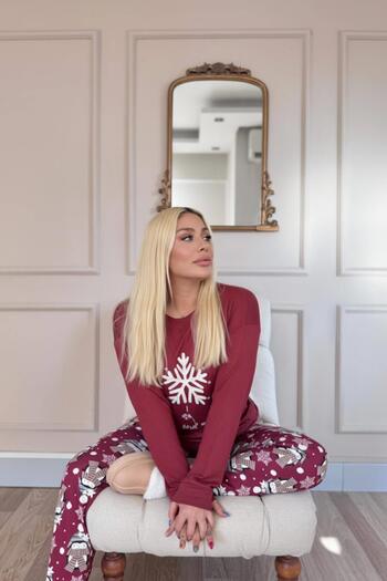 Pijamaevi Burgundy Snowflake Patterned Thermal Women's Pajama Set