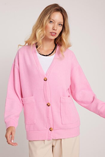 Tudors Women's Relax Fit Comfortable Cut Knitted Fabric Double Pocket V-Neck Pink Cardigan