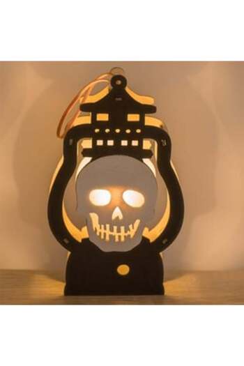 OEM Halloween Decoration Wooden Lantern with Light & Skull 10.5 x 18 cm