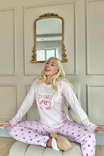 Pijamaevi Powder Pink Donut Worry Pattern Thermal Women's Pajamas Set