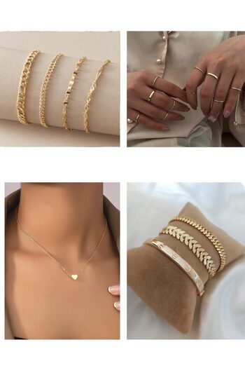 Hilosh Gold Color Combination Spiral 10 Piece Ring Heart Sf Necklace Caterpillar Fishbone Bracelet