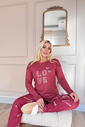 Pijamaevi Red Love Patterned Thermal Women's Pajama Set
