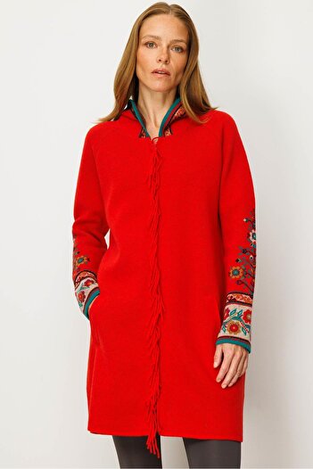 Desen Triko Women's Hooded Kilim Jacquard Tassel Wool Coat Coral