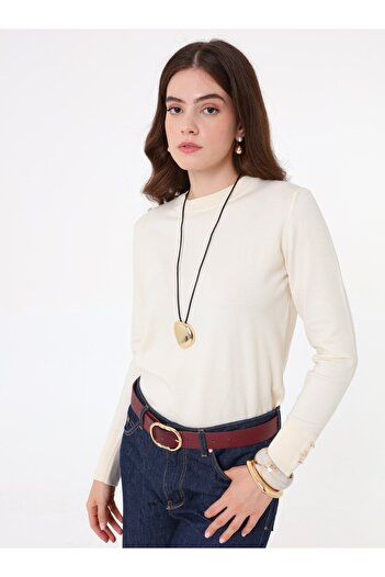 Refka Gold Button Cuffed Knit Sweater - Cream -